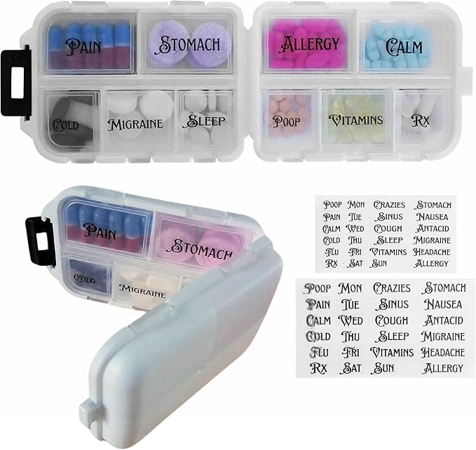 Pill Box with Sticker Labels - 10 Compartments Daily Pill Container - Travel Toiletries Medication Case with Secure Snap-Lock Closure