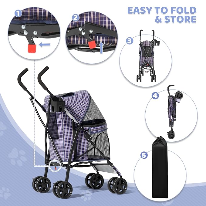 Magshion Compact Fold Pet Travel Stroller for Small Dogs Cats, Plaid | Up to 22lbs, 4-Wheel Lightweight Umbrella Shaped Design, Safety Tethers, Breathable Mesh, Cup Holder & Rear Storage