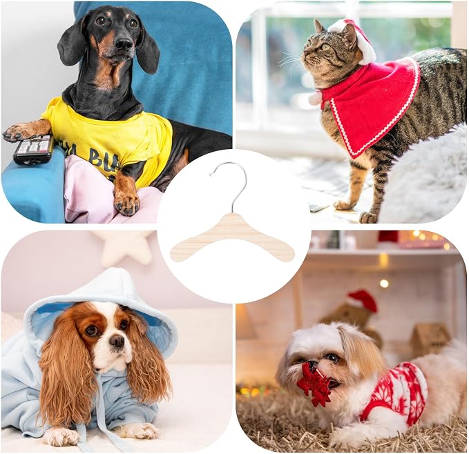 10pcs Dog Clothes Hanger 16cm Wooden Pet Organizer for Apparel | Stainless Steel Hook, Silver Finish, for Pet Owners, Compact 16cm Size, Simple Storage Accessory for Clothing