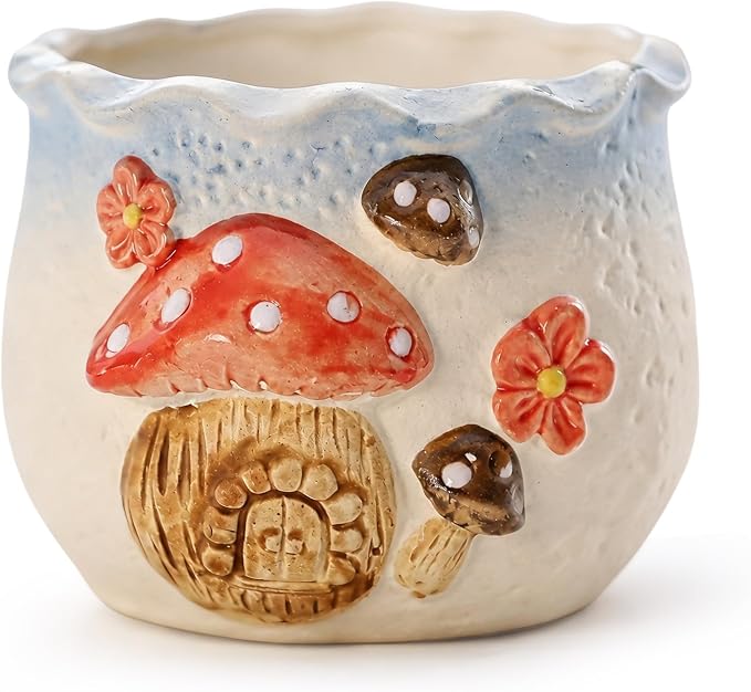 Ceramic Mushroom Shaped Pen Pencil Holder for Desk Decoration Accessories Mushroomb Decor Makeup Brush Pen Cups Office School Ideal Gifts for Women, Mom or Birthdays (light blue)