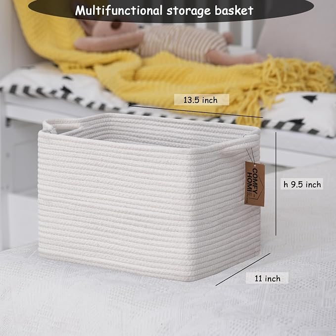 COMFY-HOMI Cotton Rope Woven Basket with Handles for Shelves,Toys,Book, Cloth Storage Baskets Bin for Organizing- 1 PCSToy Decorative Organizer for Living Room, Bathroom