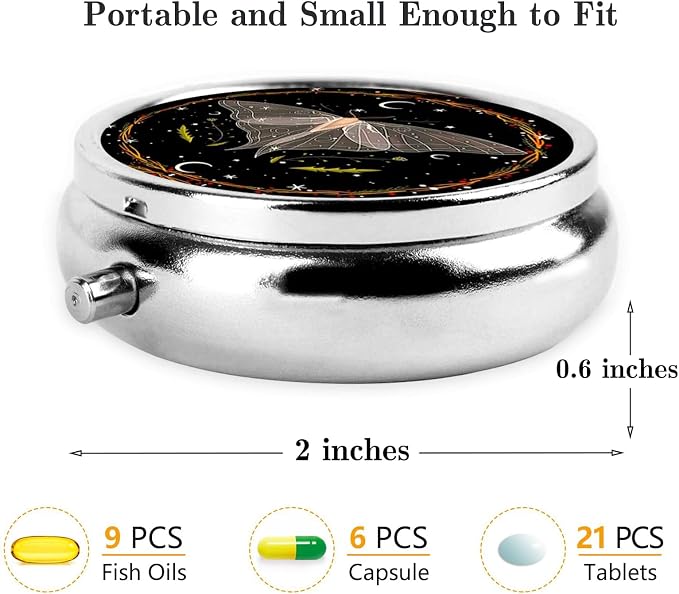 Pill Box, Small Pill Organizer with 3 Compartments and Mirror, Cute Round Portable Travel Metal Pill Case for Pocket or Purse, Privacy-Protecting Medicine Box-Blackmoth