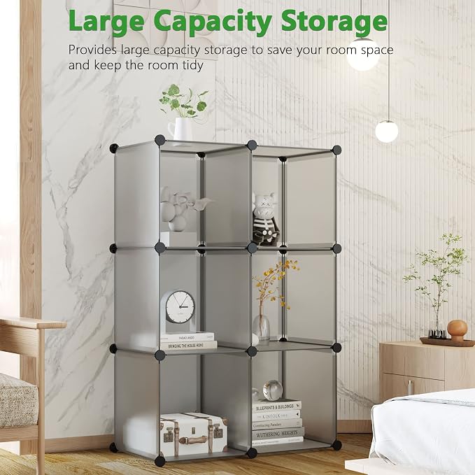 C&AHOME 6-Cube Storage Organizer Cube Shelf Closet Storage Bookcase, Grey | Stackable Cubby Storage, Bookshelf, Portable Plastic Storage Closet Organizer, DIY Modular Shelving Units for Home, Wardrobe