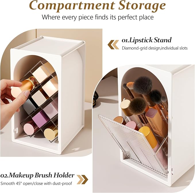 FOLLOWIN Compact Makeup Organizer Set, Bathroom Counter Organizer | Makeup Brush Organizer, Lipstick Holder with Grid, Flip Drawer, Store Lipsticks, Brushes, Milk White