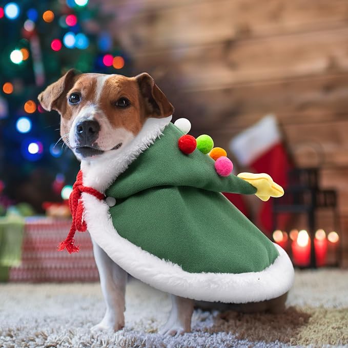 Cat Christmas Cape with Velvet Stars Hat, Small Dog Soft Thick Xmas Cloak, Pets Christmas Costume Dogs Cats Santa Claus Outfits for Goose, S