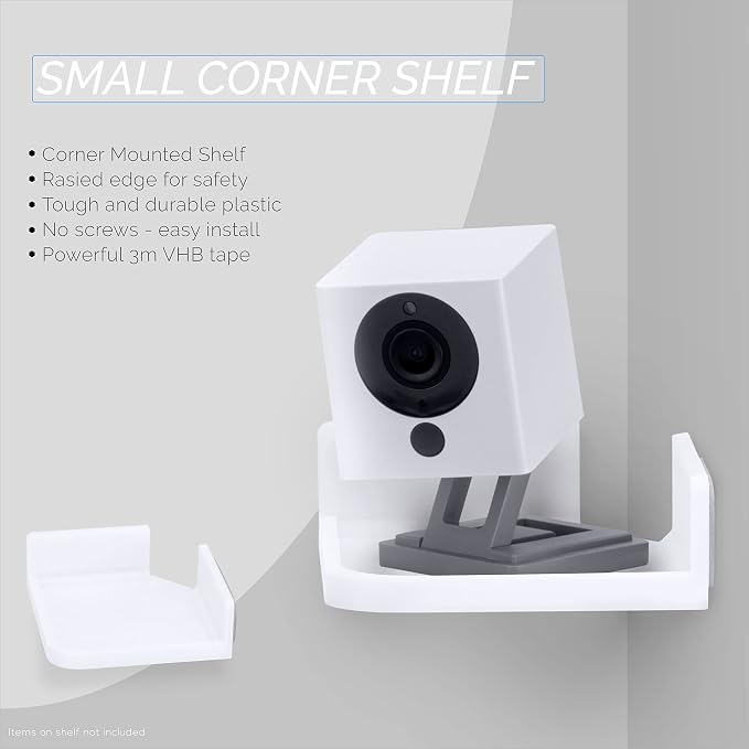 BRAINWAVZ Mini Corner Shelf Mount for Security Cameras, Baby Monitors, Speakers, Plants & More, Universal Holder, Strong Adheasive, Easy to Install, No Mess, Screwless (White)