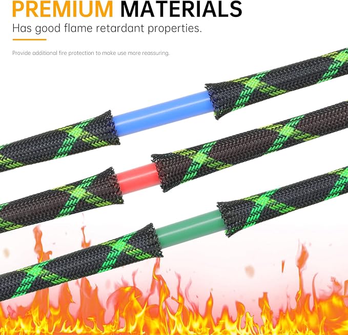 Braided Cable Sleeve, 33ft Expandable Wire Loom for Automotive Wiring Harness & PC Case, Pet-Proof Chew Resistant Cord Protector, Flexible Cable Management (Black-UV Green-UV Yellow, 25mm (1"))