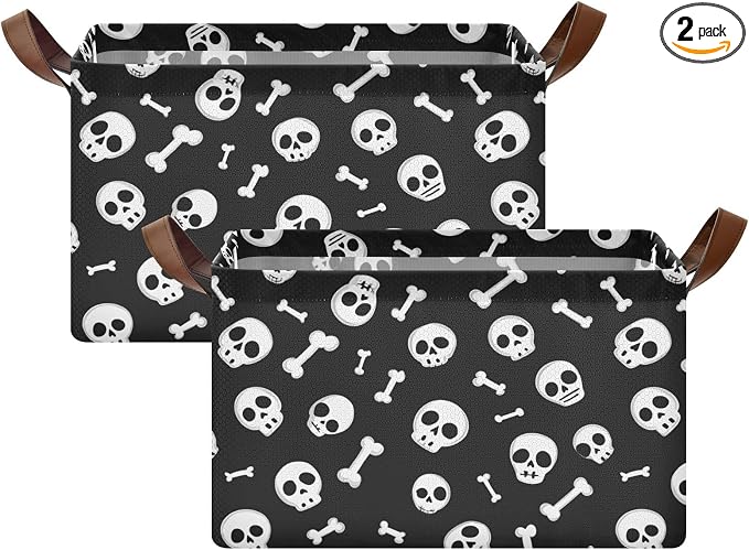 Black and White Skulls and Bones Storage Basket Foldable Cube Storage Bins with Handles&Label Waterproof Organizer Box Bin Large Rectangle Decorative Baskets for Shelves Home Room Laundry, 2 Pack