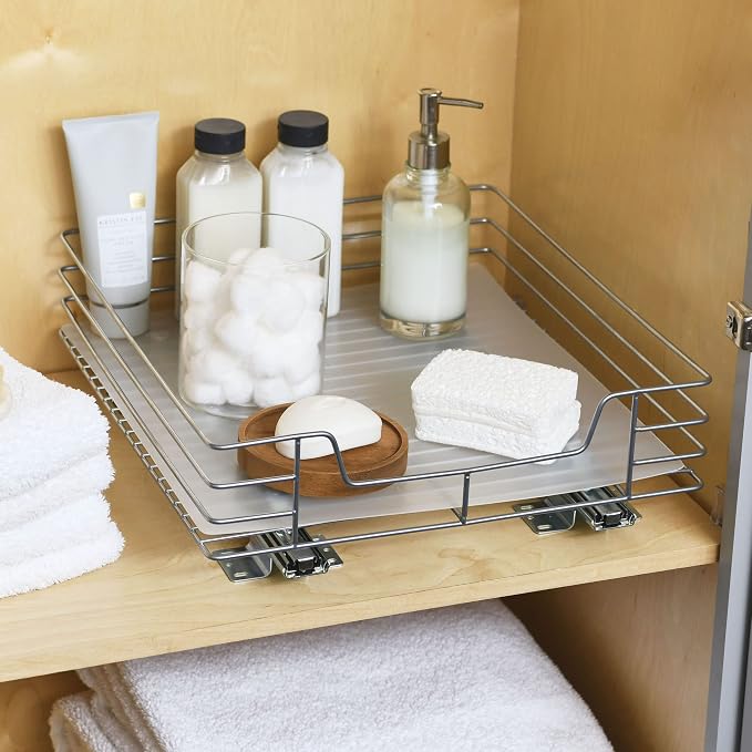 Household Essentials Brushed Steel Pull-Out Pantry Organizer with Plastic Liner, Nickel Finish