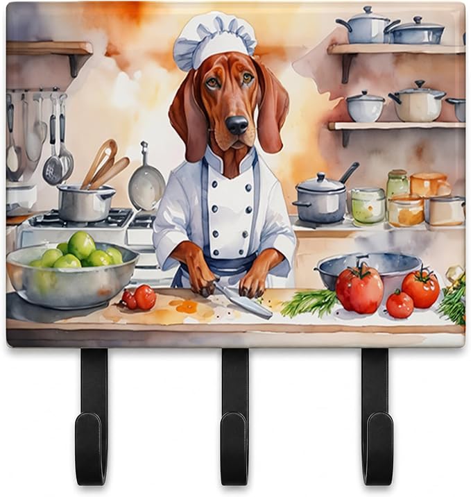 Caroline's Treasures Redbone Coonhound The Chef Leash or Key Holder Wall Hooks, Key Hooks Holder, Coat Rack Wall Mount, Coat Hooks, Hooks for Hanging Keys, Towels, Aprons, Leashes | Redbone Coonhound The Chef artwork on ceramic tile with three steel ho...