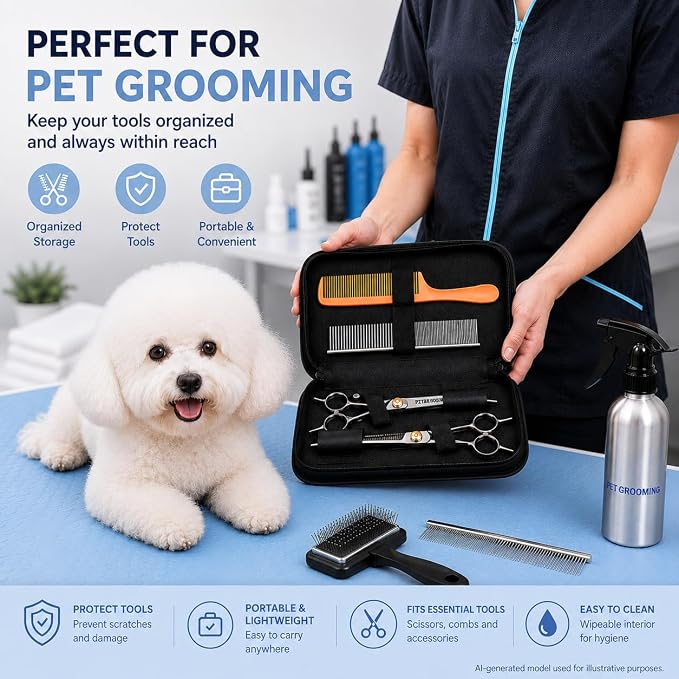 Pet Grooming Scissors Case, Dog Grooming Tool Organizer with Elastic Straps, Portable Storage Holder for Grooming Shears, Combs & Accessories, Case Only (V-010-SC-Black)