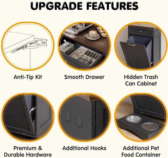 Tilt Out Trash Can Cabinet with Dog Bowl, 10 Gallons Dog Feeding Station with Storage, Dog Food Cabinet with Hideaway Drawer for Kitchen, Living Room,Laundry Room
