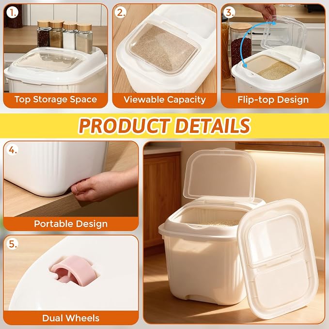 Blushtier 4 Pack Sugar Storage Containers Flour Bin with Wheels Large Pet Dog Food Storage Boxes Measuring Cup Sealed Transparent Flip Lid Portable Household Rice Container Set(20 Lbs)