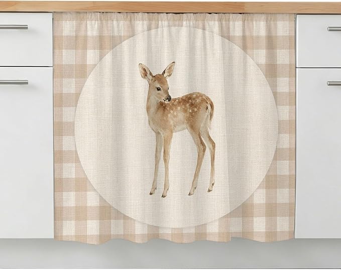 Resting Fawn Oven Skirt Curtain for Kitchen Decor 28"x35", Retro Natural Animals Farmhouse Plaid Self Adhesive Stove Curtains Skirt Cabinet Curtains for Bathroom Laundry Room