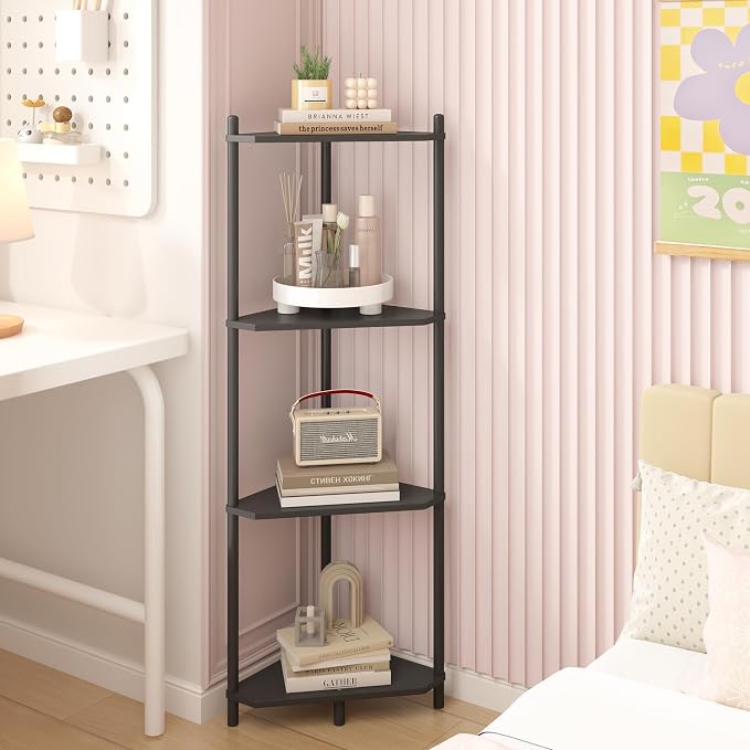 Wisuce Black Small Corner Shelf Stand, 4-Tier Bamboo Corner Bookshelf | Space-Saving Narrow Corner Shelf | Bathroom Corner Shelf | Shelves for Bedroom, Living Room, Kitchen & Plant Display