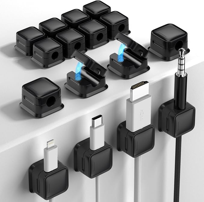 16 Pack Cord Organizer, Magnetic Cable Clips, Under Desk Management, Black | 0.27in Cable Compatible,Strong Adheive Wire Holder Keeper,Easy Open Phone Charger Holder for Home Car Desk Nightstand Office