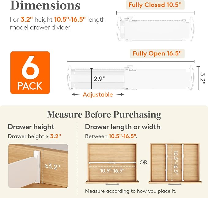 Lifewit 3.2" High Drawer Dividers for Clothes, Adjustable Drawer Organizers | 10.5"-16.5" Expandable Plastic Separator for Dresser, Kitchen, Cabinet, Closet, Nursery, Socks & Underwear Storage, 6 Pack