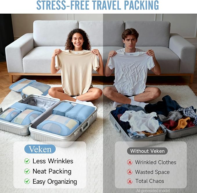 Veken 10 Set Packing Cubes for Travel Essentials, Suitcase Organizer Bags in 4 Sizes, Carry-On Luggage Accessories with Laundry Bag, Airplane Must Have with 99-Count Mesh Holes