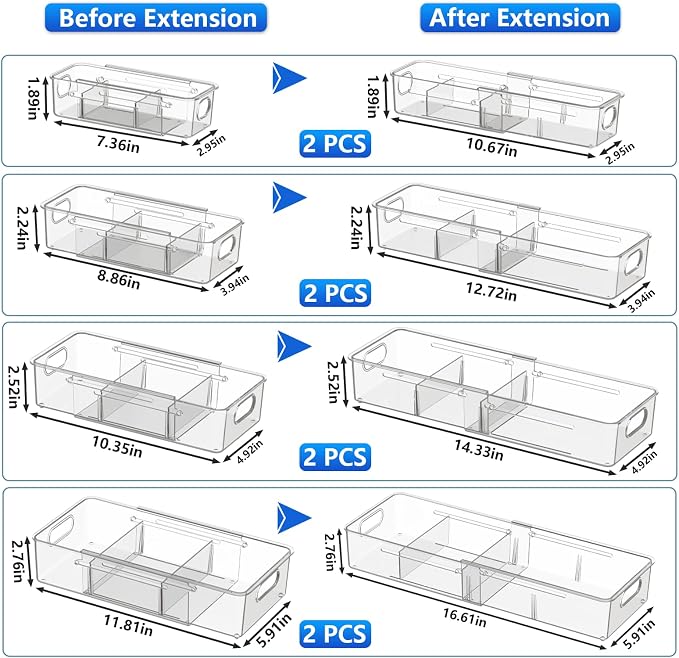 8 Pcs Expandable Drawer Organizer, Adjustable Desk Drawer Organizer with Dividers, 4-Sizes Plastic Storage Bins for Makeup, Kitchen, Bathroom Vanity, Office & Gadgets Drawer