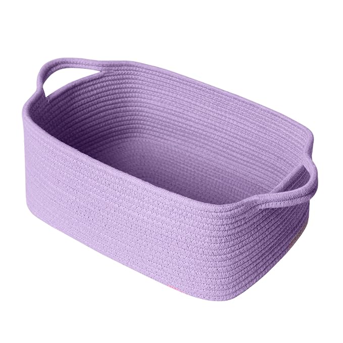 MEGASKET Purple Woven Basket, 13.5” x 10” x 6” Purple Empty Gift Basket to Fill, Decorative Cotton Rope Storage Bin for Organizing, Cute Baby Nursery Organizer, Rectangle Dog Toy Bin, Room Decor