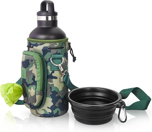 Made Easy Kit Water Bottle Carrier with Pocket for Dog Poop Waste Bags and Adjustable Padded Shoulder Strap (Large (32oz) with Bowl, Camo, Green)