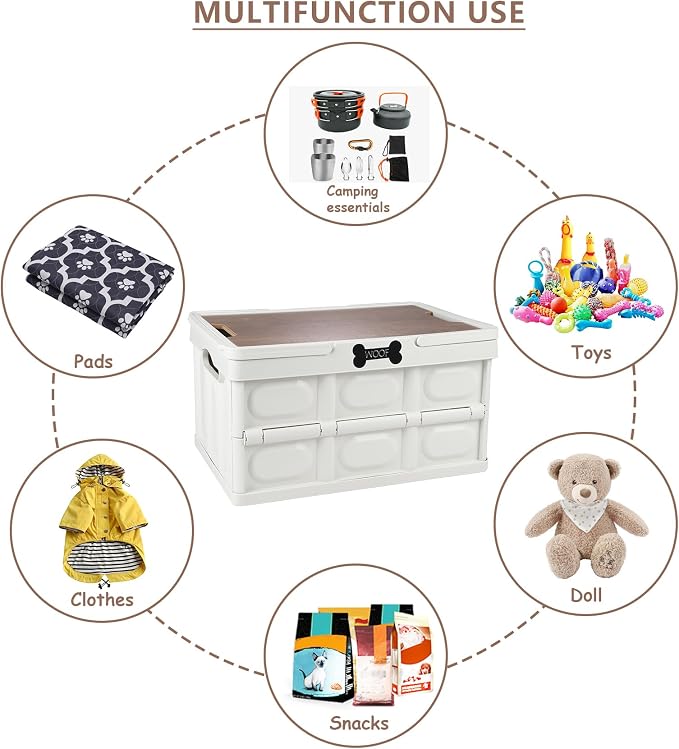 Collapsible Dog Toy Basket with Handles, Portable Dog Stuff Organizer, Outdoor Storage Box with Table Function, Ideal for Car Trunk, RV Trip, Picnic