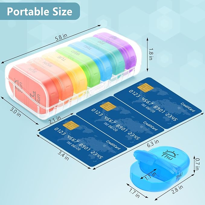 Serfeymi Weekly Pill Organizer 2 Times a Day AM PM Travel Pill Box 7 Day | Medicine Pill Organizer with Protection Pill Case Daily Medication Box for Vitamins,Supplement-Clear Case + Rainbow Pill Box