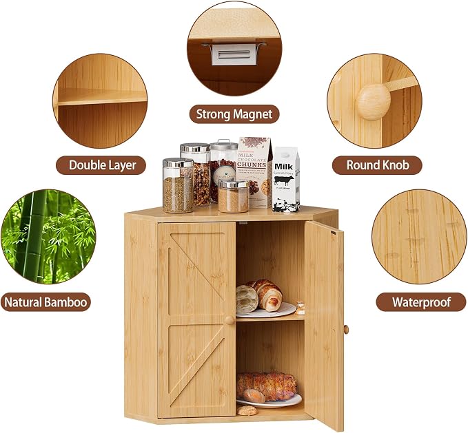 Trironsun Corner Bread Box for Kitchen Counter Double Layer Bamboo Bread Storage Container Large Capacity Bread Storage Bin Farmhouse Breadbox Organizer (Bamboo Natural)