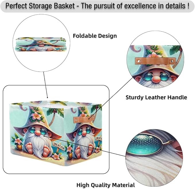 Pardick Summer Gnome Cute Basket Storage Bins Large Fabric Toys Storage Cube Box with Handles Collapsible Closet Shelf Cloth Organizer Basket for Nursery Bedroom Bathroom Holiday Gift