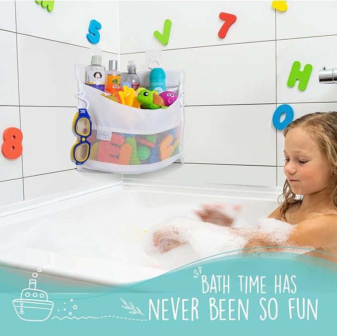 Mesh Bath Toy Holder Organizer – The Perfect Corner Bathtub Toy Storage & Bathroom or Shower Caddy – This Multi-use Net Bag Makes Baby Bath Toy Storage Easy – For Kids & Toddlers