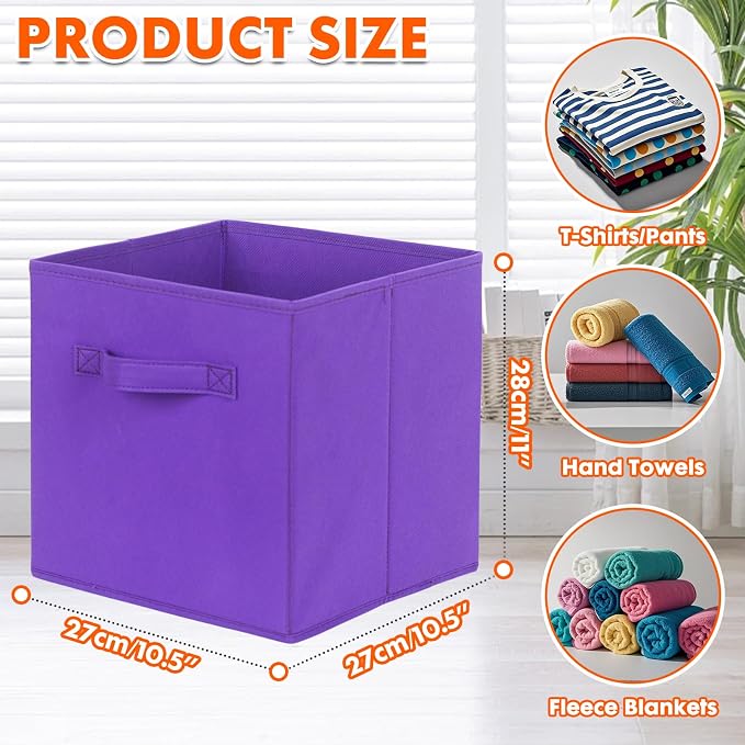 PowerKing Collapsible Storage Cubes, Farbic Storage Bins, Violet, 2 Pack | Sturdy, Lightweight, Easy Pull Handle, Closet & Shelf Organizer, Clothes and Toys Storage, 10.5'' x 11'' x 10.5''