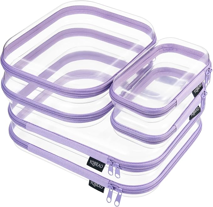 YQBRAO Clear Hard Shell Zipper Cases, 6 Multi-Size Organizers, Purple | Rigid clear shells in three practical sizes organize toiletries, cosmetics, cables, stationery and household essentials
