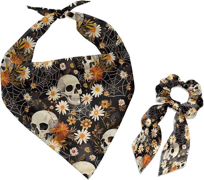 COEQINE Adult Costume with Pet Bandanas Large Dog Accessories Gothic Skull Beige Daisy Hair Tie Organizer Non Slip Fashion Christmas Birthday Party Cosplay