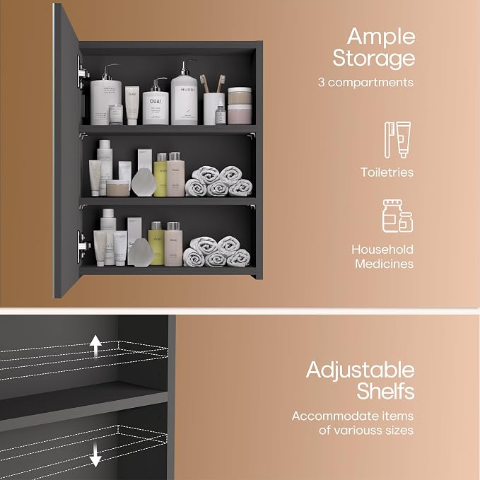 20x16 inch Bathroom Wall Cabinet, Saver Storage Cabinet, Medicine Cabinet with 1 Door and Adjustable Shelves, Black（Assembly Required）