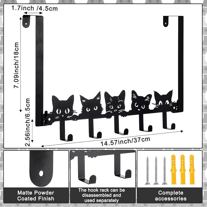 AceOrbit Black Cat Over The Door Hooks Hanger 5 Hooks Kawaii Decor | for Bedroom Bathroom, Organizes Towels Hats Clothes, Farmhouse Decor, Over the Door for Kids