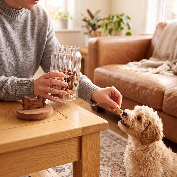 3 Pcs Glass Dog Treat Container, Dog Cookie Jar with Wooden Lid | 3 Sizes, Airtight Pet Treat Storage Container, for Kitchen Counter, Treats Canister, Doggie Cookie, Pets, Stripe Bone