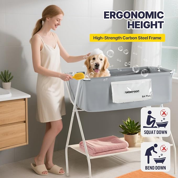 Dog Bathtub Dog Washing Station with Scrubber for Medium Dogs 135lbs or Two Small Pets, B4 Plus Foldable Dog Tub for Bathing and Grooming, Portable Collapsible Dog Shower Tub