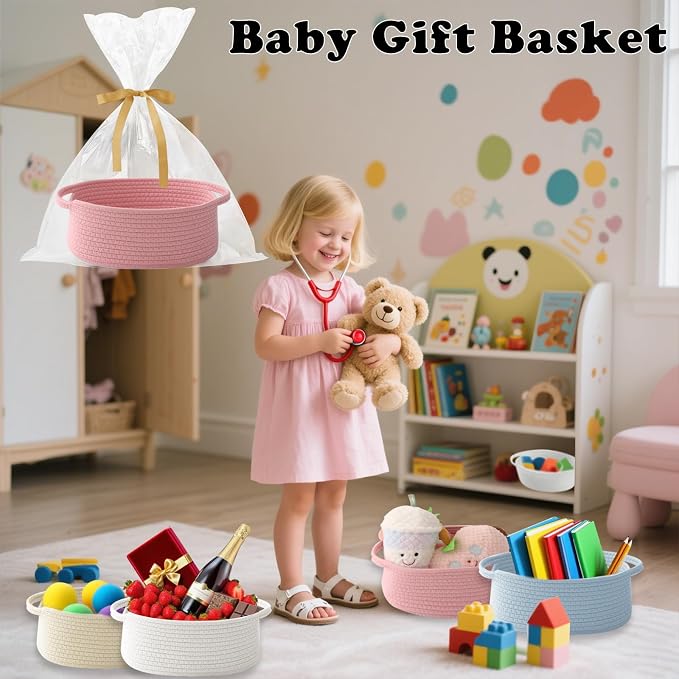 Pink Woven Rope Basket - Baby Gift Basket with Bag & Ribbon | Cotton rope with handle, 12x8x5 in, gift bag and ribbon, for baby shower, birthday, toy storage, nursery, shelf decor