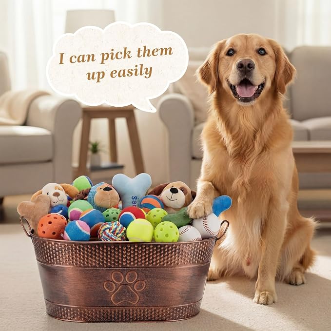 Zonon Metal Dog Toy Storage Bin with Handles 21 Quart Vintage Decorative Basket for Dog Ropes Food Living Room Decor, Galvanized Steel Pet Toy Organizer, 18x11.5x7.5 Inch (Dog's Paw)