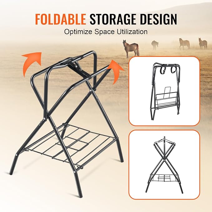 VEVOR Folding Saddle Rack, 2 Packs Freestanding Horse Saddle Stand, Portable Horse Blanket Holder, Heavy Duty Steel Saddle Rack for English & Western Saddles, Tack Storage, 28 x 19 x 37.5 in, Black