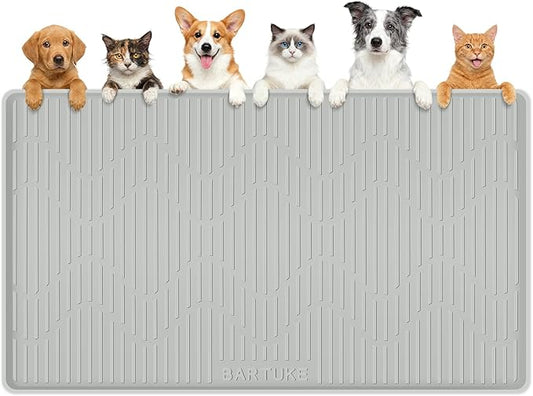 Silicone Cat & Dog Food Mat, 54" x 27.5" Extra Large Pet Feeding Mat for Cats and Dogs Bowl, Pet Placemat for Food and Water with Raised Edge, Waterproof, Leakproof (Grey)