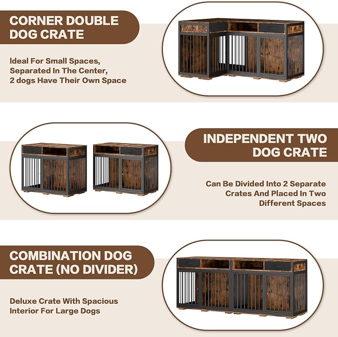 Corner Dog Crate Furniture,67" Metal Frame L Shaped Double Dog Crate Kennel with Divider and 2 Fabric Drawers TV Stand Large Breed Indoor for 2 Dogs Rustic Brown