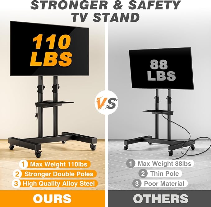 Heavy Duty Rolling TV Stand with Power Outlet for 32-83 Inch TVs | Height Adjustable Mobile TV Cart on Wheels Holds up to 110 lbs, Outdoor TV Stand Trolley, Max VESA 600x400mm