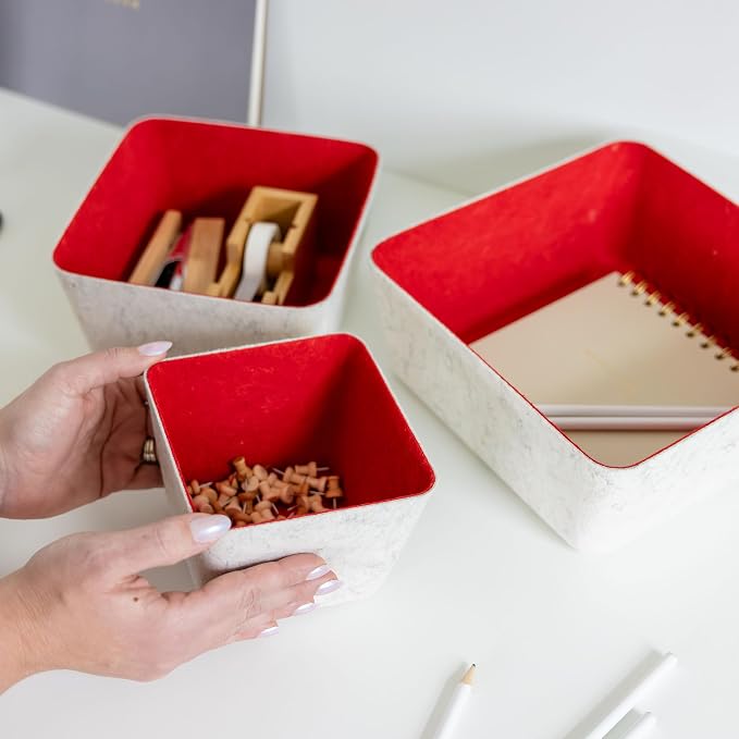 Three by Three Seattle Tapered Felt Storage Bins, 2-Pack, 9x9 (Cream/Red) | Recycled felt tapered bins; soft non-scratch; 5"x5" fits most drawers; organize desk, office, bathroom, bedroom & entryway