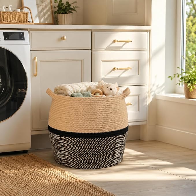 KAKAMAY Woven Baskets for Storage(17"x17"),Large Cotton Rope Woven Baby Laundry Hamper,Collapsible Laundry Basket, Blanket Basket for Organizing Living Room,Nursery,Clothes,Toy chest (Black)