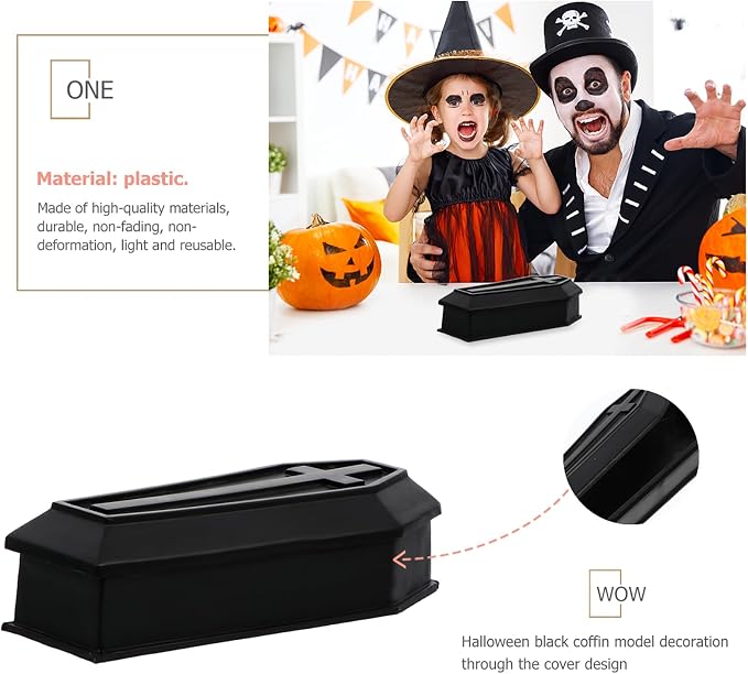 Healifty Mini Coffin Box Pet Casket Box with Lid for Halloween Decor | Black Small Plastic Casket Model for Trinkets, Candy, Dollhouse Scenes, Spooky Tables, Haunted Houses and Party Favors