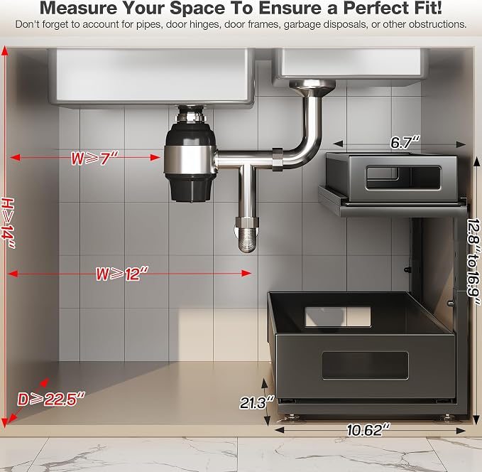2 Pack 21.3IN-Depth Under Sink Organizer with Next-Gen Ball-Bearing Slides,2-Tier Pull Out Cabinet Storage,Height Adjustable Drawer Shelf for Bathroom,Kitchen,Laundry,Cabinet,Pantry-Black