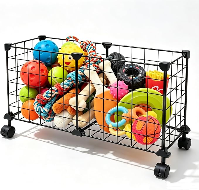 Indestructible X Large Dog Toy Basket with Wheels, Metal Dog Toys Holder for Cats, Heavy-Duty Storage Bin for Chew Toys & Blankets Pet Food Storage Box Organization, Chew-Proof Toy Organizer for Puppy