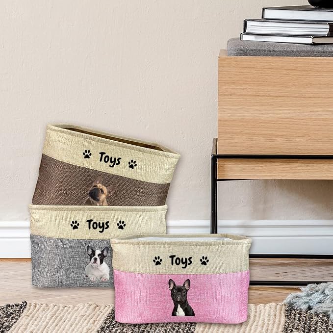Custom Dog Basket for Toys Collapsible Storage Bin Grey Brow Pink Purple Blue Rectangular Pet Storage Organizer Box with Handles Medium Customized Name & Real Dog Breed