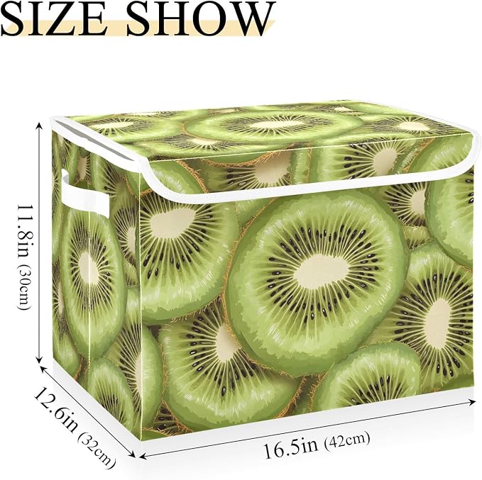 Fabric Storage Bins with Lid Fresh Kiwi Slice Closet Storage Basket 40L | Decorative Storage Boxes, Dust-Proof Flip Top, Reinforced Handles, For Home & Bedroom, Clothes & Toy Box, Oxford Fabric Print
